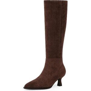Women's Chocolate Suede Kitten Low Heel Toe Side Zipper Long Tall Knee High Boot